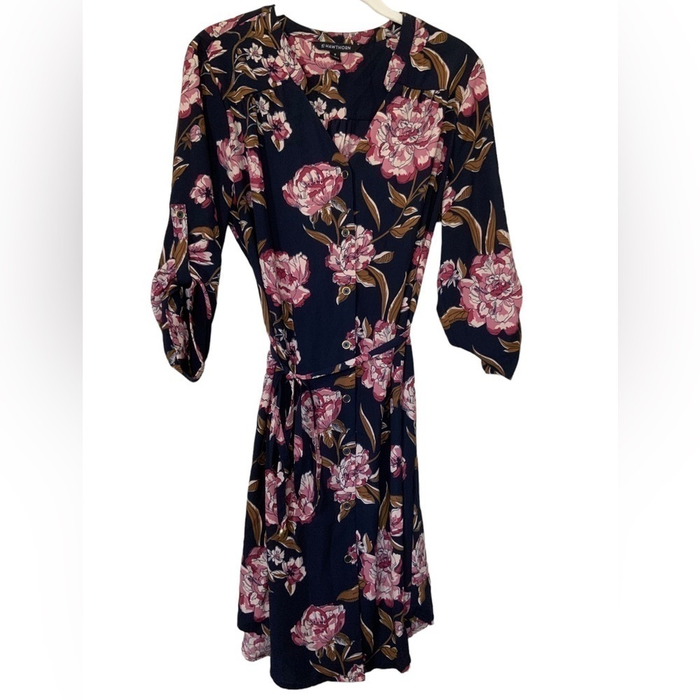 41 Hawthorn 🆕 Button-Up Belted Shirt Style Navy with Pink Floral Dress NWOT- M